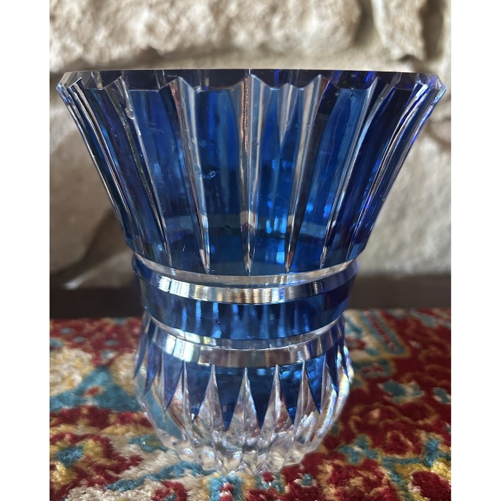 Art Deco Val St Lambert Crystal Cobalt Blue Cut to Clear Vase Belgium 6" EC
